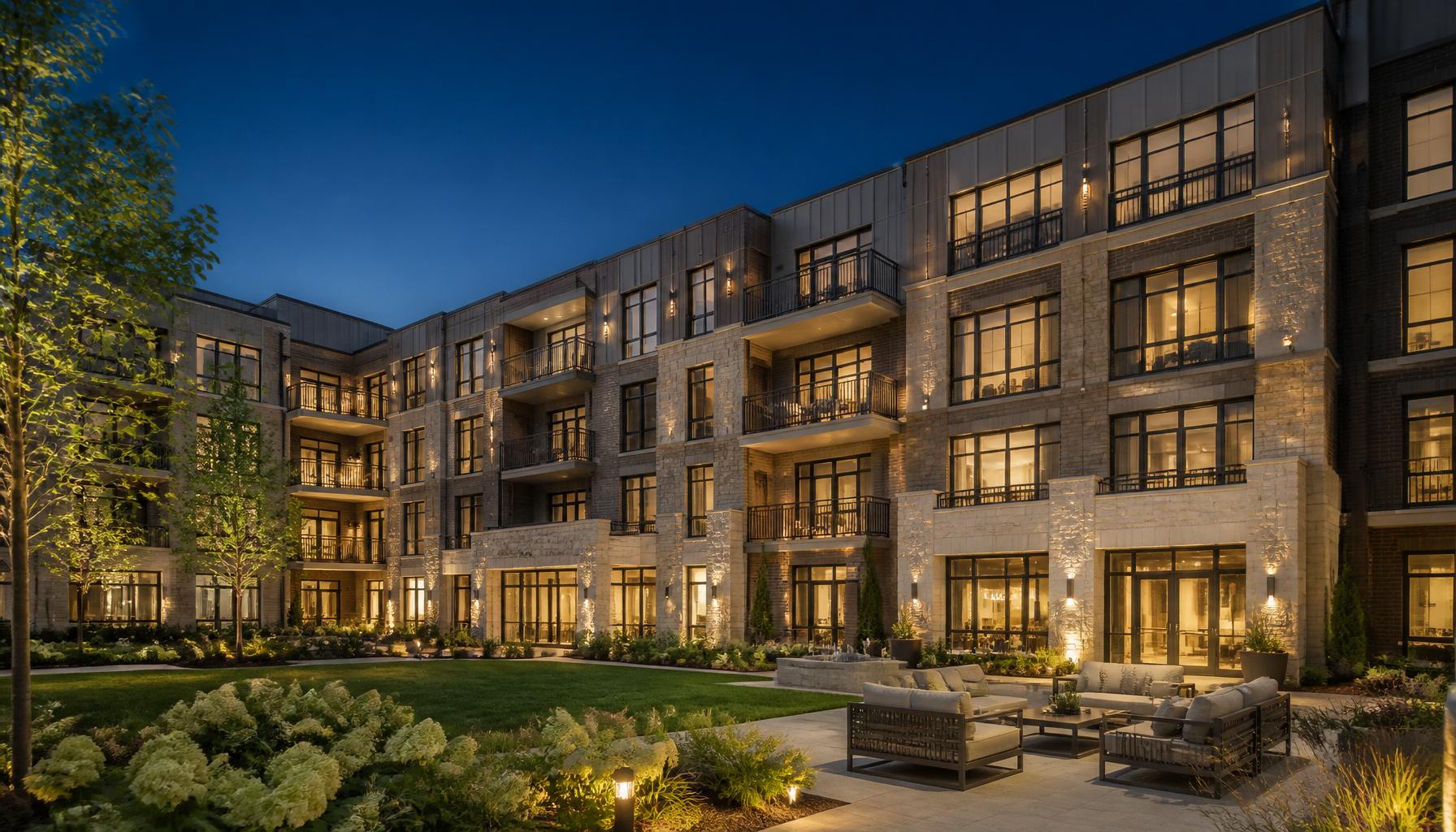 Modern multifamily apartment community at dusk